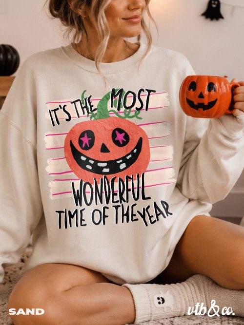 Its The Most Wonderful Time Of The Year Halloween Sweatshirt, Cozy Fall Crewneck, Cute Ghost Pumpkin Sweatshirt, Halloween Pullover - Image 1